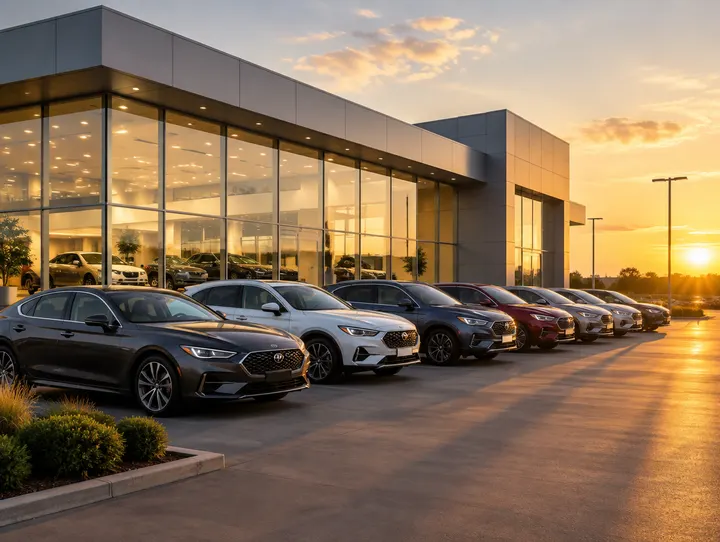 A franchise dealership forecourt at golden hour.